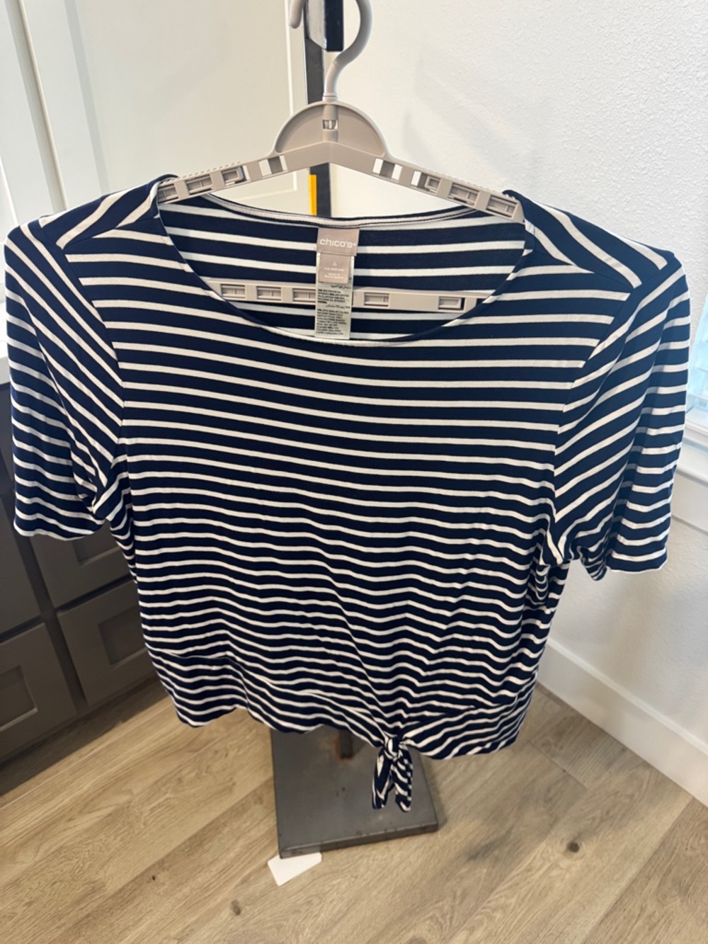 Chico's Navy & White Striped Tie-Front Short Sleeve Dress Top Size 4/XXL